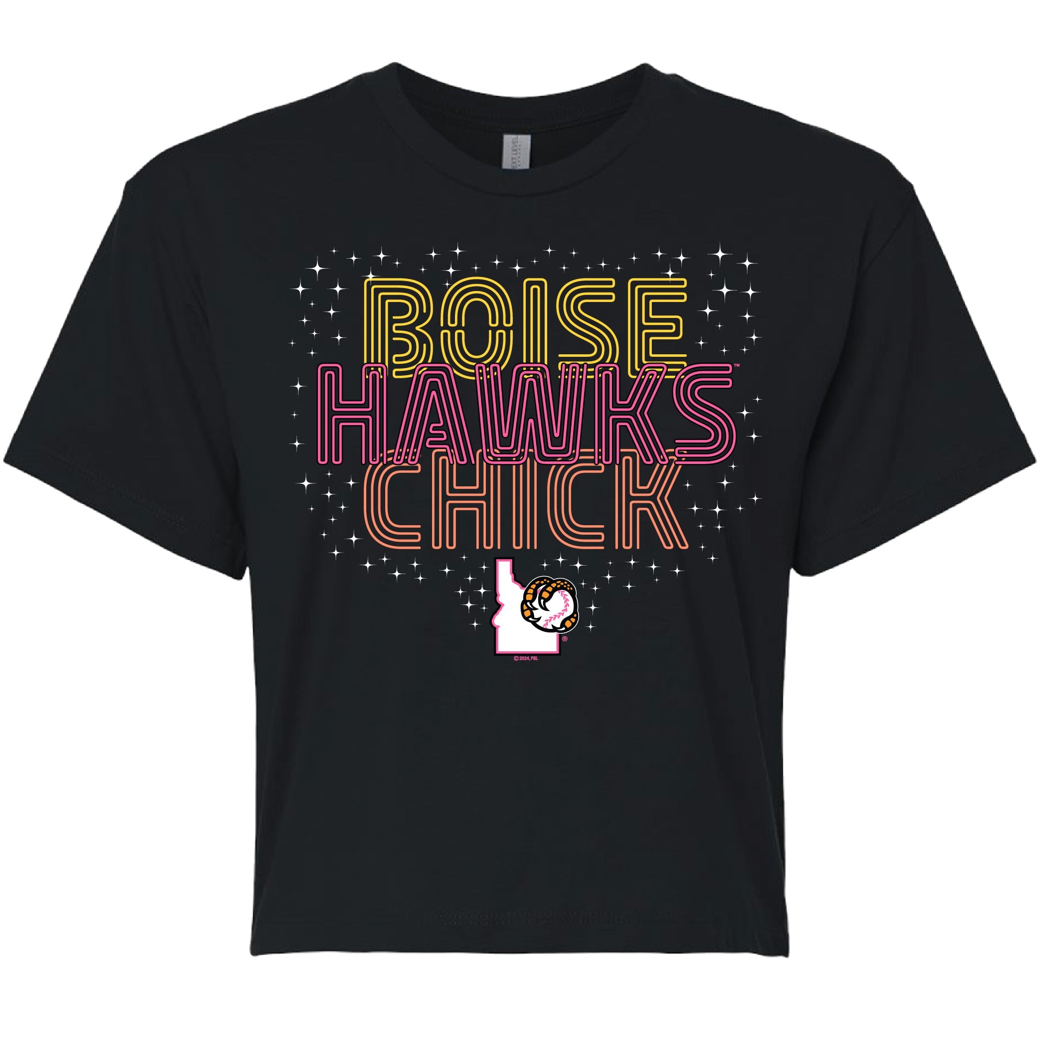 BOISE HAWKS WOMEN'S RETRO NEON CROP TOP TEE, BLACK
